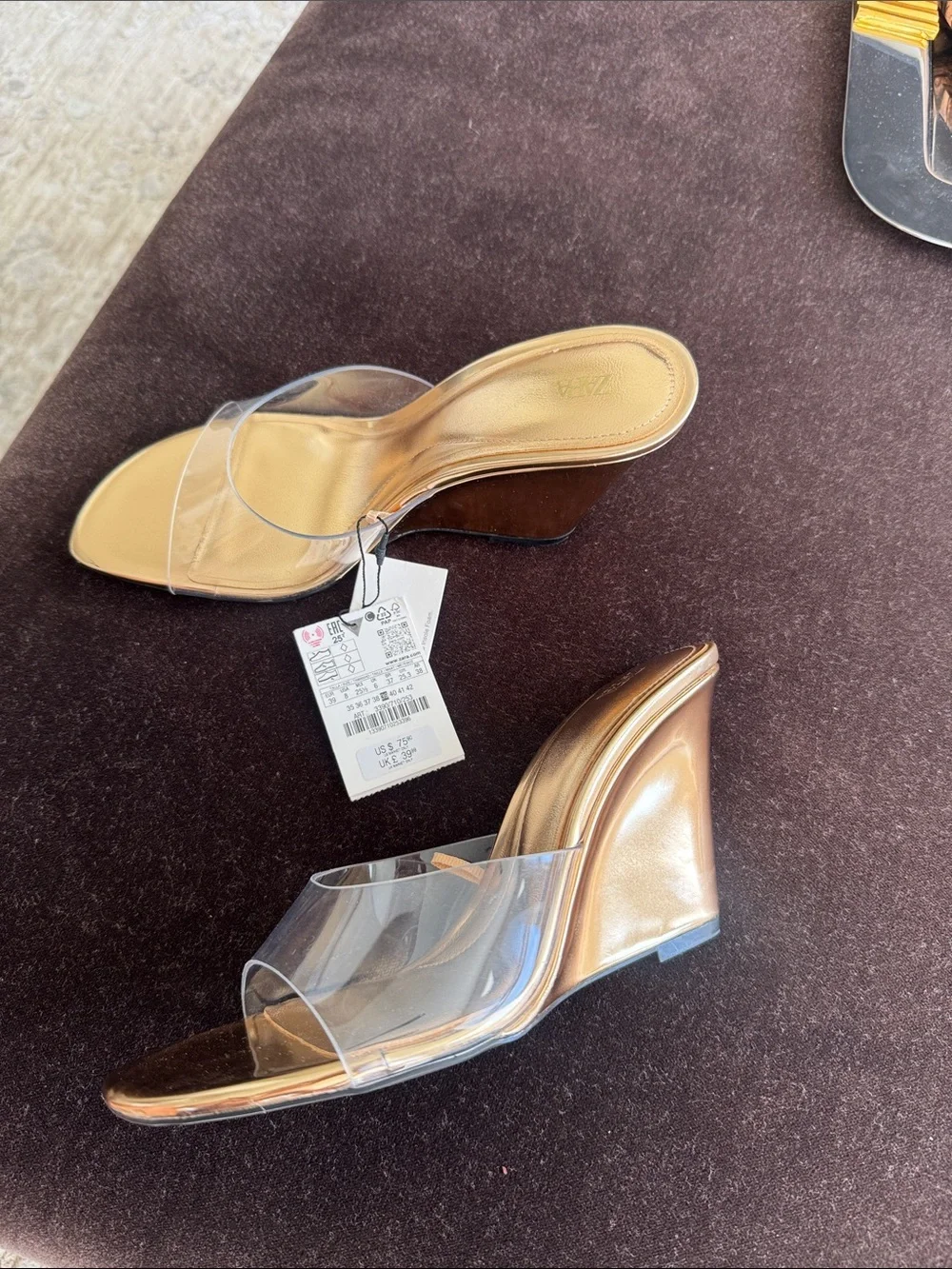 Zara Clear Strap Gold Wedge Mules